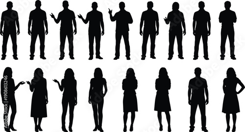 Set of black silhouettes featuring men and women in various standing poses, professional gestures, and casual outfits isolated on white