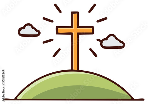 Illustration of a bright golden cross on a green hill with clouds