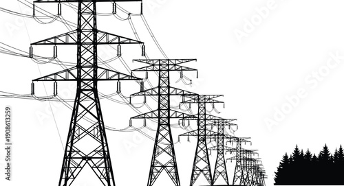 High voltage power transmission towers in perspective silhouette isolated on white background, illustrating electricity grid infrastructure and energy distribution
