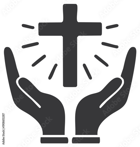 Minimalist icon of praying hands holding a shining cross, symbolizing faith, hope, and spirituality.