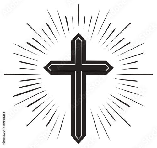 Religious cross symbol with radiating lines, Christian faith design element.