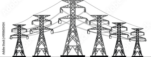 High voltage power transmission towers aligned in symmetry illustration isolated on white background, representing electricity grid infrastructure network