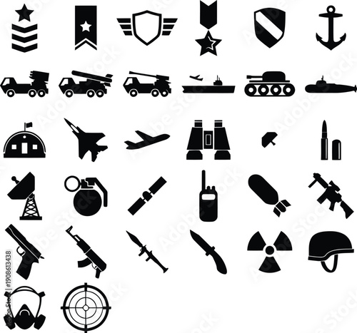 Comprehensive collection of military icons and army equipment silhouettes including tanks fighter jets weapons ranks and tactical gear for defense projects and warfare graphic design. AI Generative
