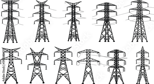 Collection of high voltage power transmission towers silhouette illustration isolated on white background, showing diverse electricity grid infrastructure designs