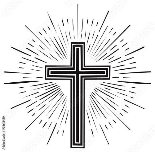 Stylized Christian Cross Emblem with Radiating Light Rays