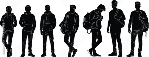 Set of black silhouettes featuring male and female students wearing hoodies and backpacks in various casual standing poses on white