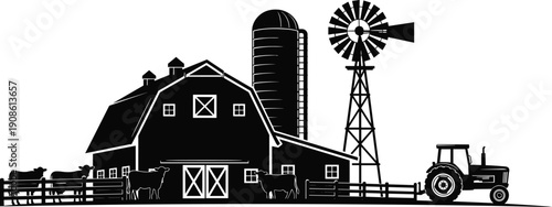 Black silhouette of traditional farm landscape featuring barn, silo, windmill, cows, and tractor isolated on white background for rural design.