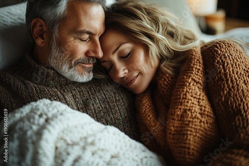 Close-Up of Peaceful Sleeping Mature Couple on Bed with White Blanket