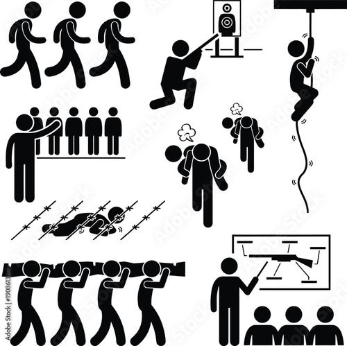 Military basic training stick figure icon set depicting soldiers marching shooting crawling climbing rope log carrying and classroom briefing for army recruitment concepts AI Generative
