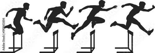 Silhouette sequence of male athlete hurdling over obstacles, track and field sprint race action, running training concept, sports competition illustration in black and white.