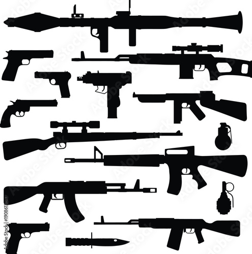 Comprehensive collection of modern military weapons and tactical firearms including assault rifles sniper rifles handguns RPG grenades and combat knife for army and warfare concepts AI Generative
