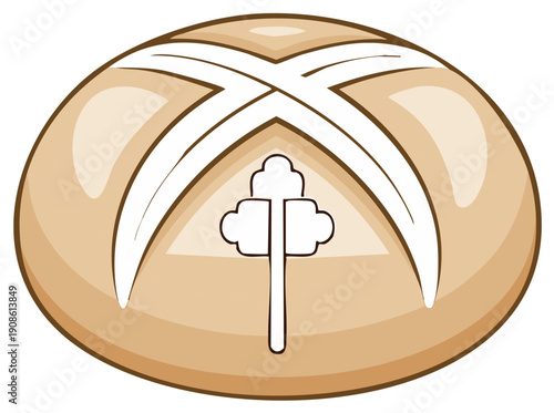 Delicious artisan bread loaf with beautiful cross scoring and a unique central emblem design