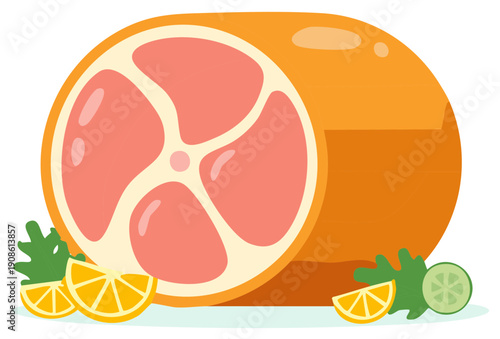 Sliced grapefruit flat vector illustration with citrus segments and herbs