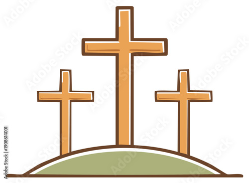 Cartoon Illustration of Three Wooden Crosses on a Hill, Easter, Christianity Symbol