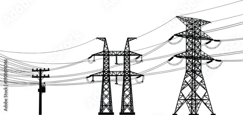 High,voltage,power,transmission,towers,and,utility,pole,silhouette,electricity,grid,energy,infrastructure,industrial,engineering,technology,network,black,white,background