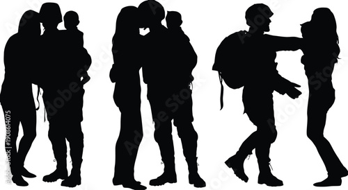 Emotional silhouettes of soldiers returning home from deployment to reunite with families, wives and children, capturing the heart of military homecoming and sacrifice. AI Generative
