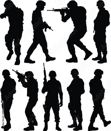 Comprehensive collection of professional military soldier silhouettes in various tactical combat poses and action stances with rifles and gear for army defense and warfare design cAI Generative