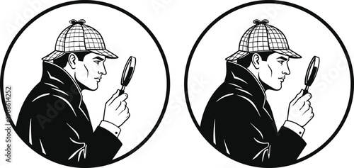 Set of Sherlock Holmes style detective icons, private investigator with magnifying glass and deerstalker hat silhouettes, mystery and crime investigation. (21 words)
