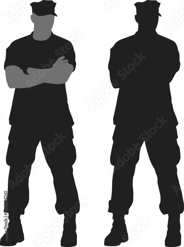 Silhouette of a professional soldier or security guard in military uniform with arms crossed standing tall to represent strength readiness and dedicated national defense service. AI Generative
