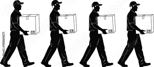 Set of delivery man silhouettes carrying cardboard boxes, male courier walking with parcel, shipping and logistics service worker vector icons. (21 words)