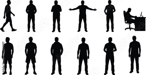 Large set of diverse man silhouettes in various poses including walking, standing, sitting at a desk, and casual lifestyle movements, black vector icons. (22 words)