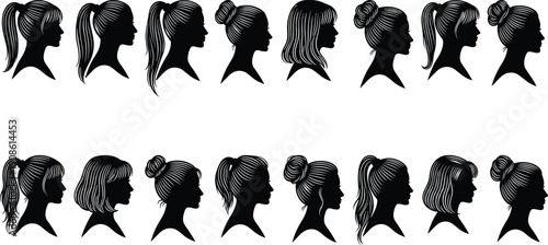 Set of elegant woman profile silhouettes with various hairstyles including ponytails, buns, and bob cuts, female face side view vector icons. (21 words)