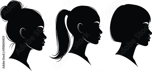 Set of beautiful woman profile silhouettes with different hairstyles including bun, ponytail, and bob cut, elegant female head vector icons. (21 words)