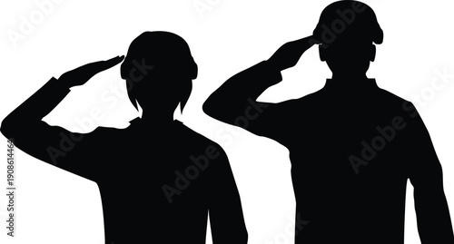 Silhouette of a male and female soldier in military uniform saluting to show respect and honor for veterans and fallen heroes during memorial day celebrations or national holidays. AI Generative
