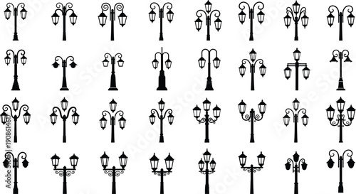 Large collection of vintage street lamp silhouettes, classic outdoor lantern icons, antique city lighting poles, and decorative wrought iron lamppost vector illustrations. (21 words)