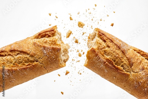 Broken Breadstick with Flying Crumbs Isolated on White