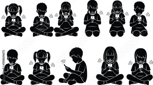 Black vector silhouettes of children sitting and using smartphones, kids addicted to mobile devices and social media technology concept, isolated.