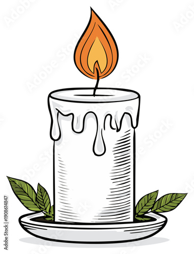 Lit candle with melting wax and leaves in holder