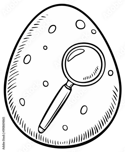 Magnifying glass examining a patterned egg with circles and hatching
