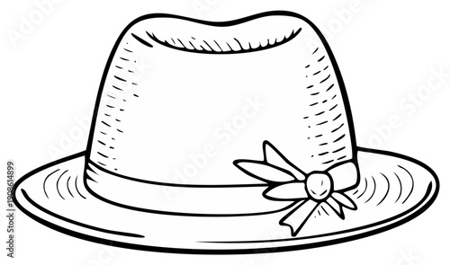 Hand Drawn Black and White Sketch of a Classic Fedora Hat with Ribbon and Bow Accent