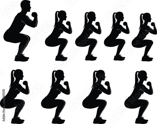 Black silhouette icons of men and women performing squats, fitness exercise collection for workout sets, health training and gym infographics