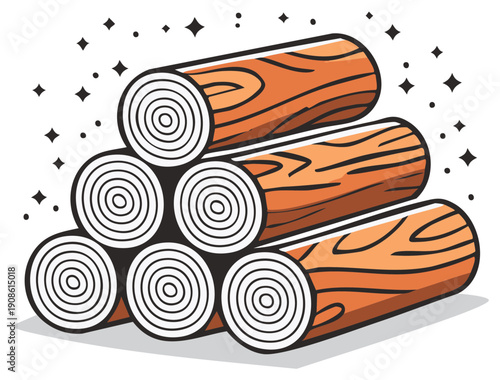 Neatly stacked firewood logs illustration for camping warmth, lumber industry and winter heating needs, timber logs illustration