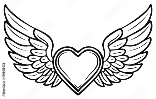 Heart shape with wings illustration, black and white design for love and freedom.
