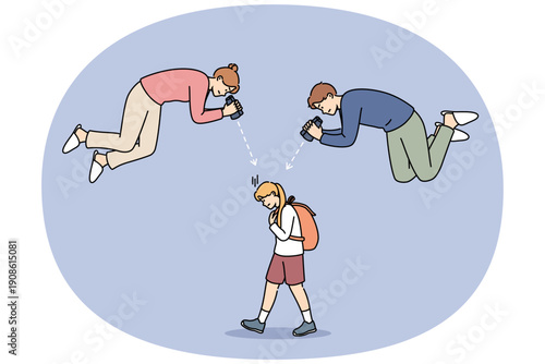 Overprotection of teen girl from annoying parents watching child through binoculars. Schoolgirl walks down street suffering from overprotection of mother and father, who are causing depression.