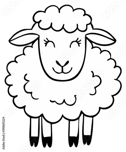 Smiling Cartoon Sheep Illustration in Black and White, Simple and Sweet Design for Children's Artwork