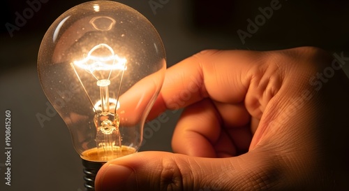Close up hand touching glowing light bulb, concept idea inspiration