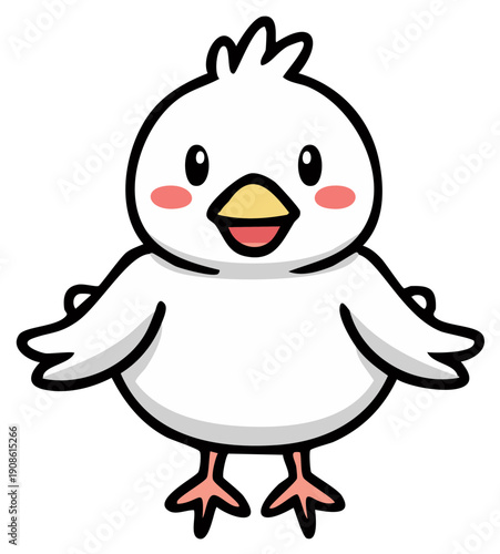 Cute cartoon chick with pink cheeks and open beak smiling