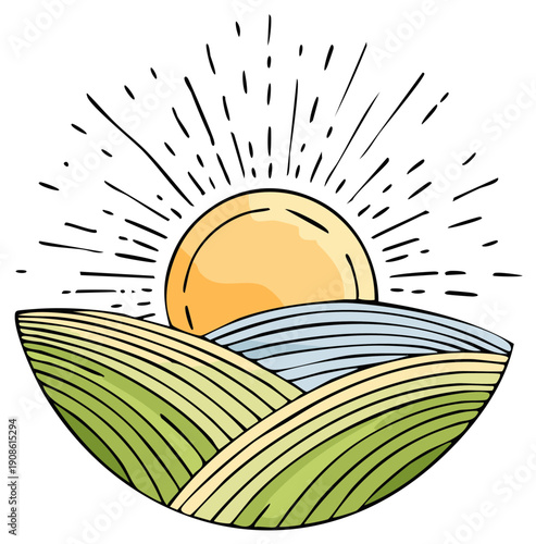 Vintage style illustration of a sun rising over a rural landscape with cultivated farm fields