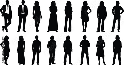 Business people silhouettes collection, professional men and women standing poses, corporate staff characters, office teamwork leadership concept illustration isolated vector