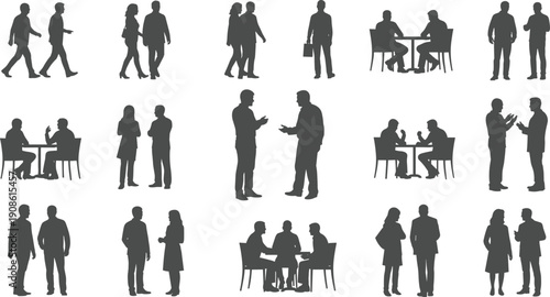Business people silhouettes collection, men and women meeting, walking and talking, teamwork communication, office discussion, corporate collaboration illustration, concept, isolated
