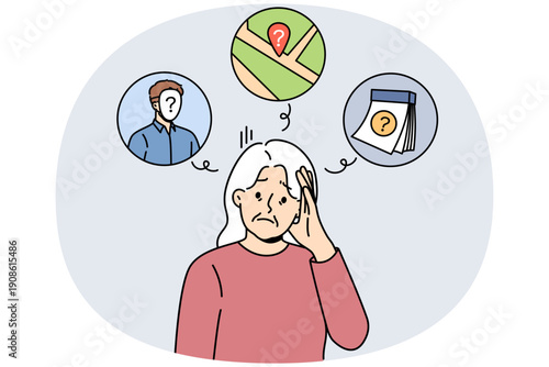 Alzheimer disease or dementia in old woman who forgets dates and faces or gets confused in space. Problem of alzheimer and lack of memory in elderly lady who does not take pills prescribed by doctor
