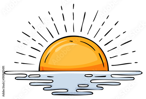 Cartoon Sunset over Calm Water Reflecting Sunlight with Sunrise Rays Shining Brightly in the Sky
