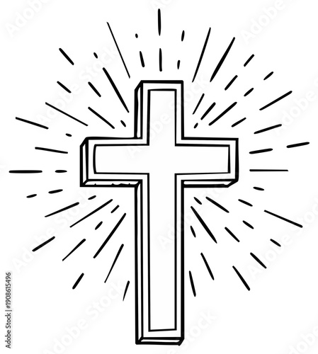 Stylized Christian cross radiating light, vector graphic for faith or memorial design in black and white for illustrations.