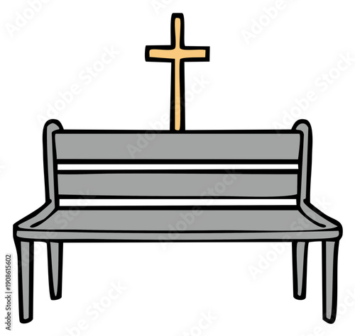Outdoor park bench with Christian cross symbol on backrest, representing faith and contemplation