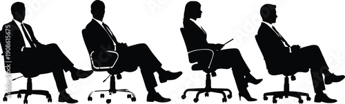Business people sitting silhouettes collection, men and women seated on office chairs, professional meeting waiting corporate lifestyle illustration isolated