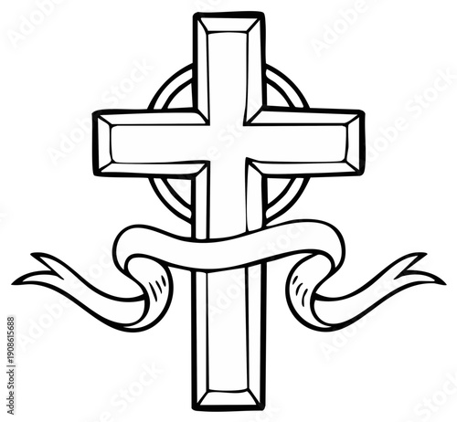 Christian Cross with Banner Graphic Symbol Religious Symbolism Design